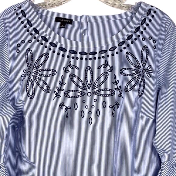 Talbots Embroidered Striped Boho Top Blue White Bell Sleeve Women’s Large EUC - Picture 6 of 16